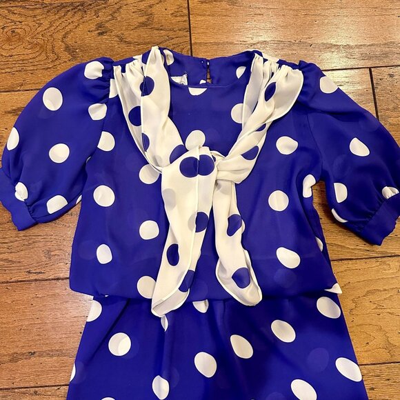 Size: 10, 80's Vintage Blue & White Polka Dot Dress Brand: Perceptions, Rare One - Picture 3 of 6